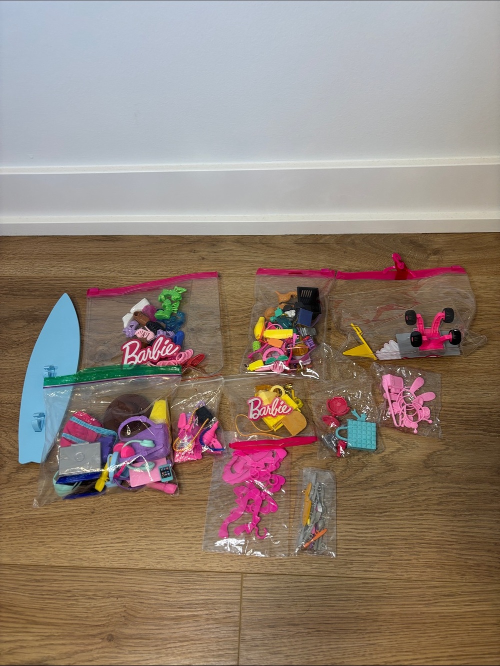 Large Barbie Accessories Lot – Shoes, Purses, Hangers, & Surfboard